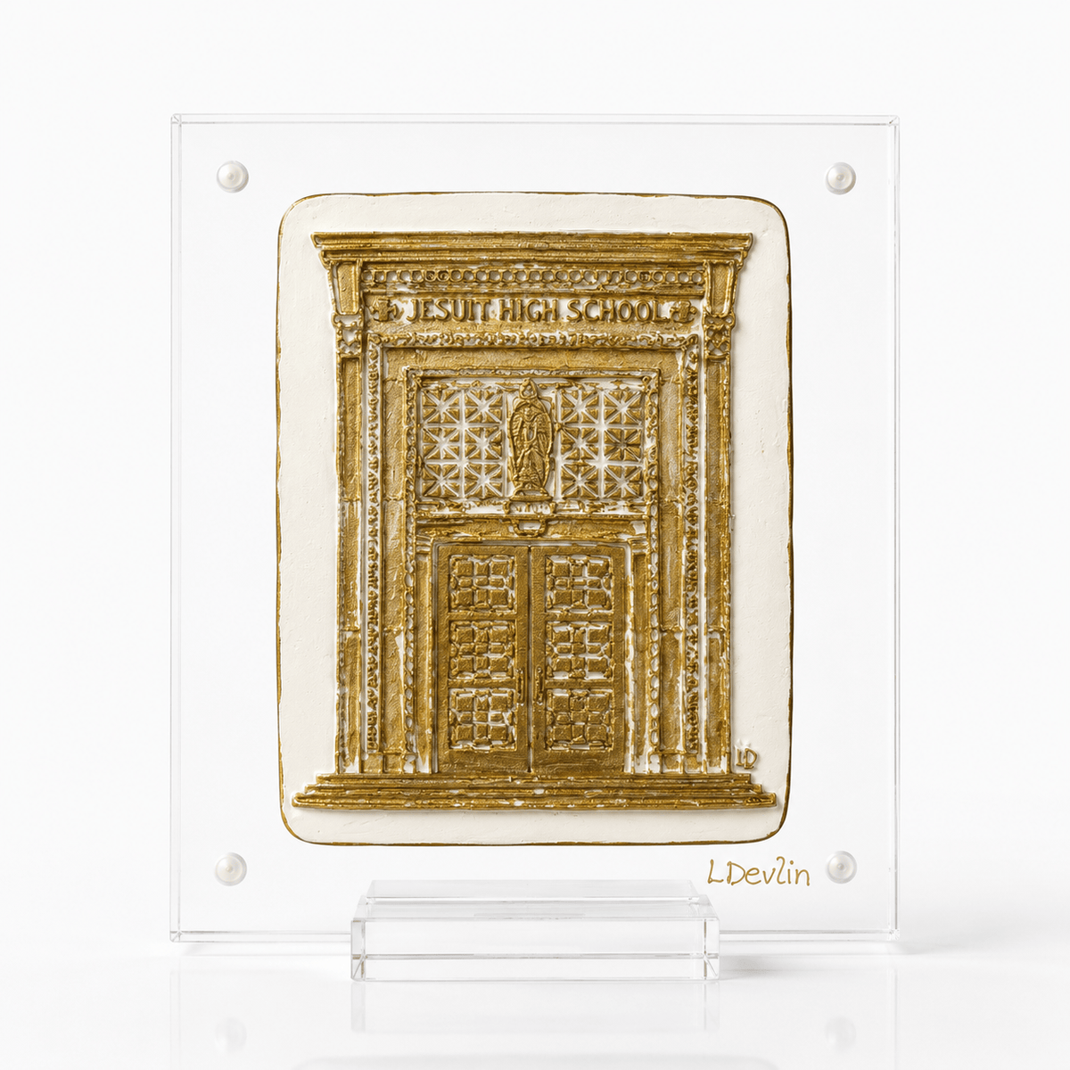 Jesuit High School Clay Piece on Acrylic – Handcrafted Wall Art by Lisa Devlin