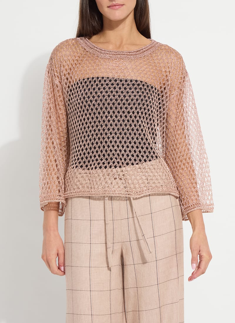 Lettie Slouchy Metallic Net Mesh Knit Sweater in Sparkling Rose by Lysse