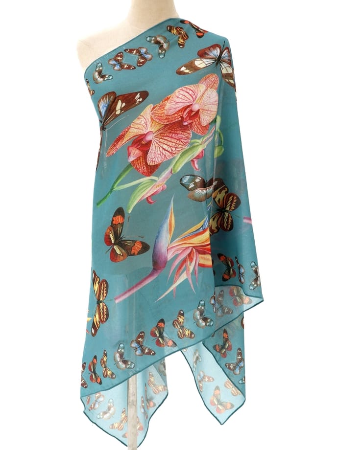 Teal-Multi Butterfly Orchid Bird of Paradise Floral Scarf
