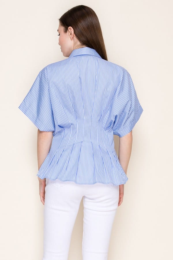 Star Drop Stripe Pleated Button Down Short Sleeve Shirt in Light Blue Stripe - Little Miss Muffin Children & Home