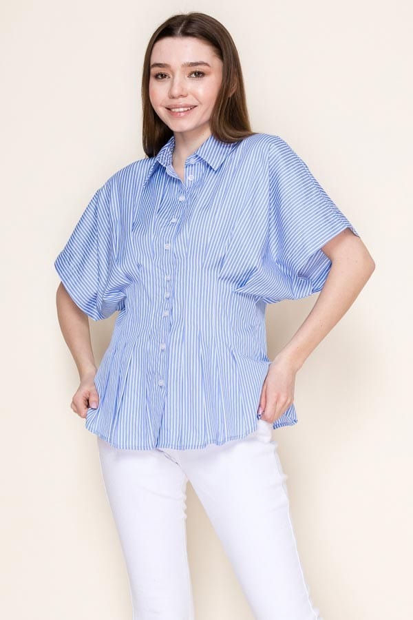 Star Drop Stripe Pleated Button Down Short Sleeve Shirt in Light Blue Stripe - Little Miss Muffin Children & Home