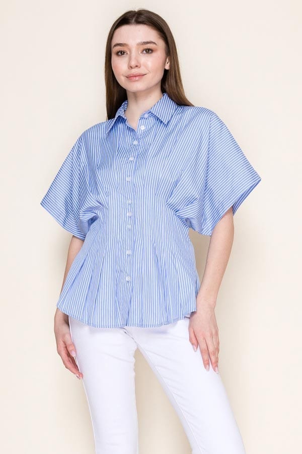 Star Drop Stripe Pleated Button Down Short Sleeve Shirt in Light Blue Stripe - Little Miss Muffin Children & Home