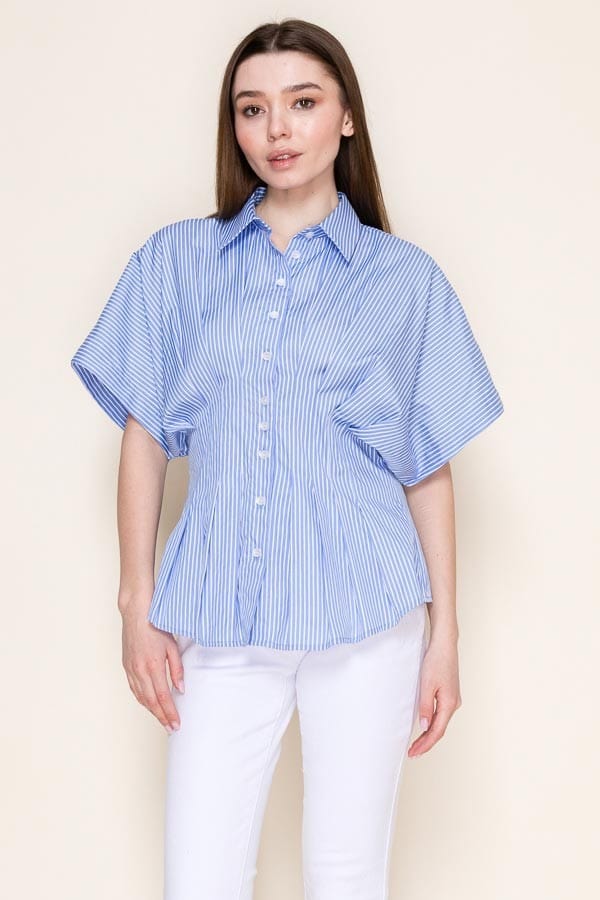 Star Drop Stripe Pleated Button Down Short Sleeve Shirt in Light Blue Stripe - Little Miss Muffin Children & Home