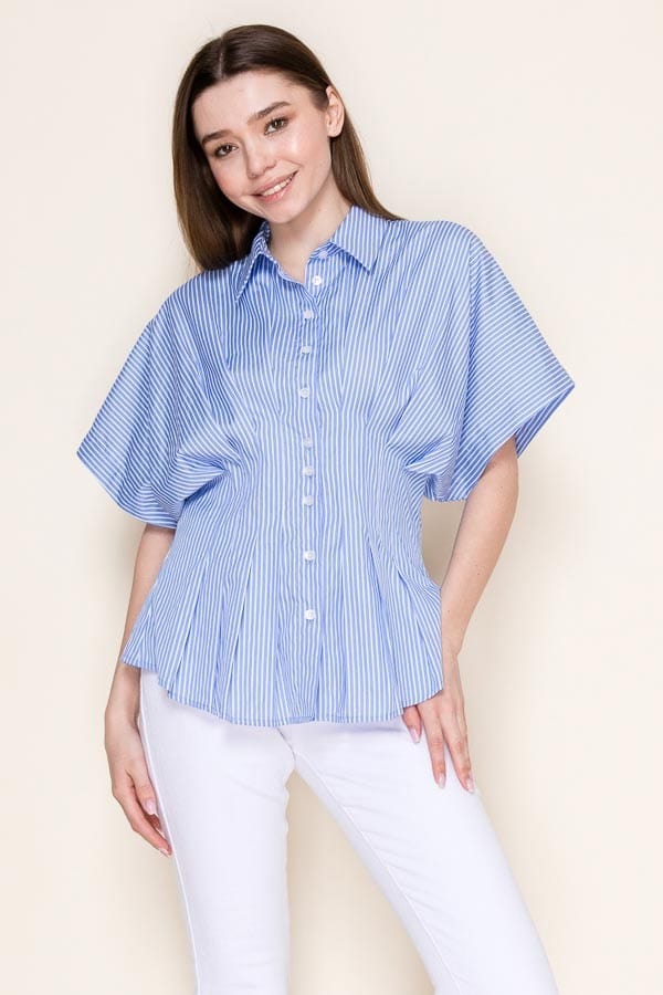 Star Drop Stripe Pleated Button Down Short Sleeve Shirt in Light Blue Stripe - Little Miss Muffin Children & Home