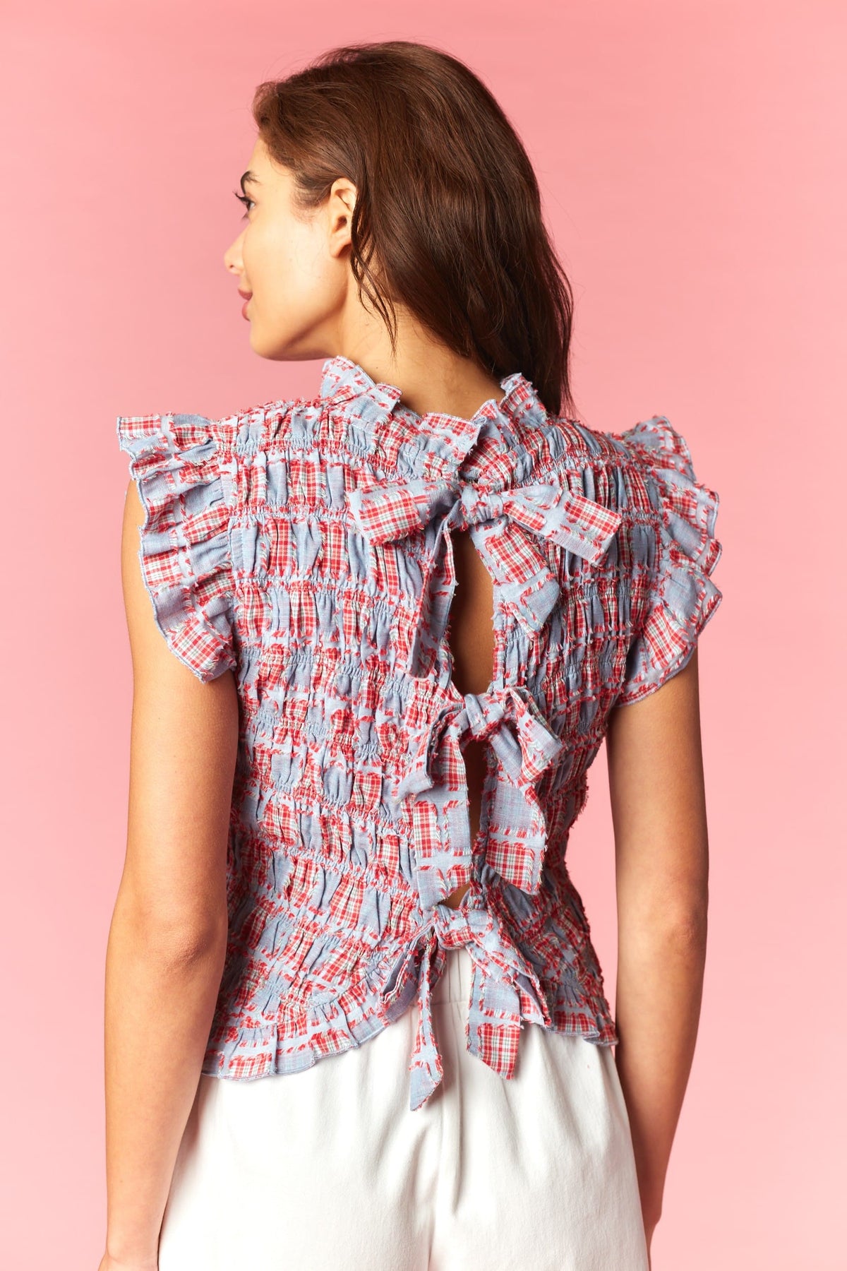 Smocked Ruffle Trimmed Back Tie Blouse