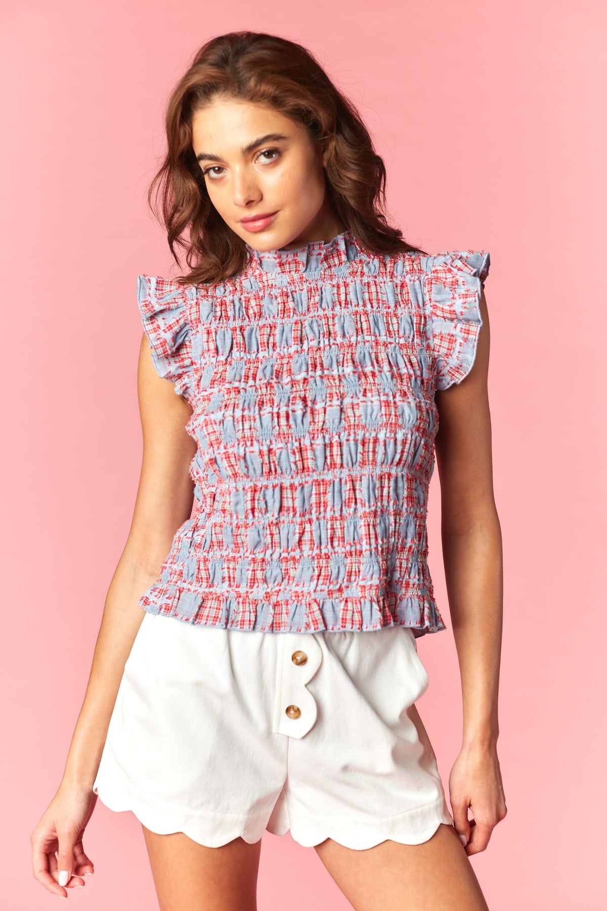 Smocked Ruffle Trimmed Back Tie Blouse