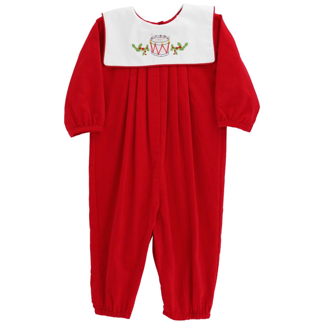 Red baby romper with white collar featuring a drum design