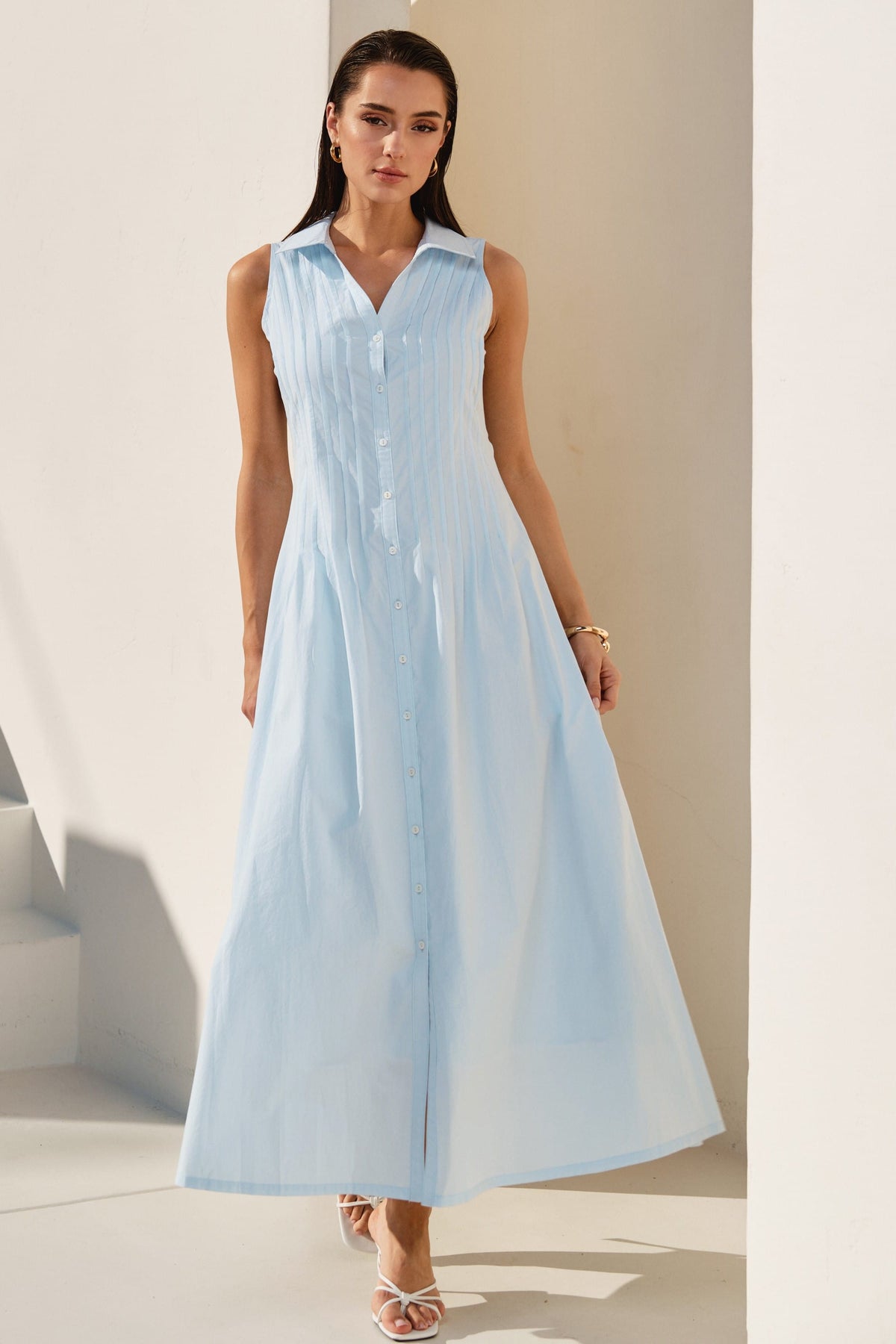 Pintuck Sleeveless Maxi Dress