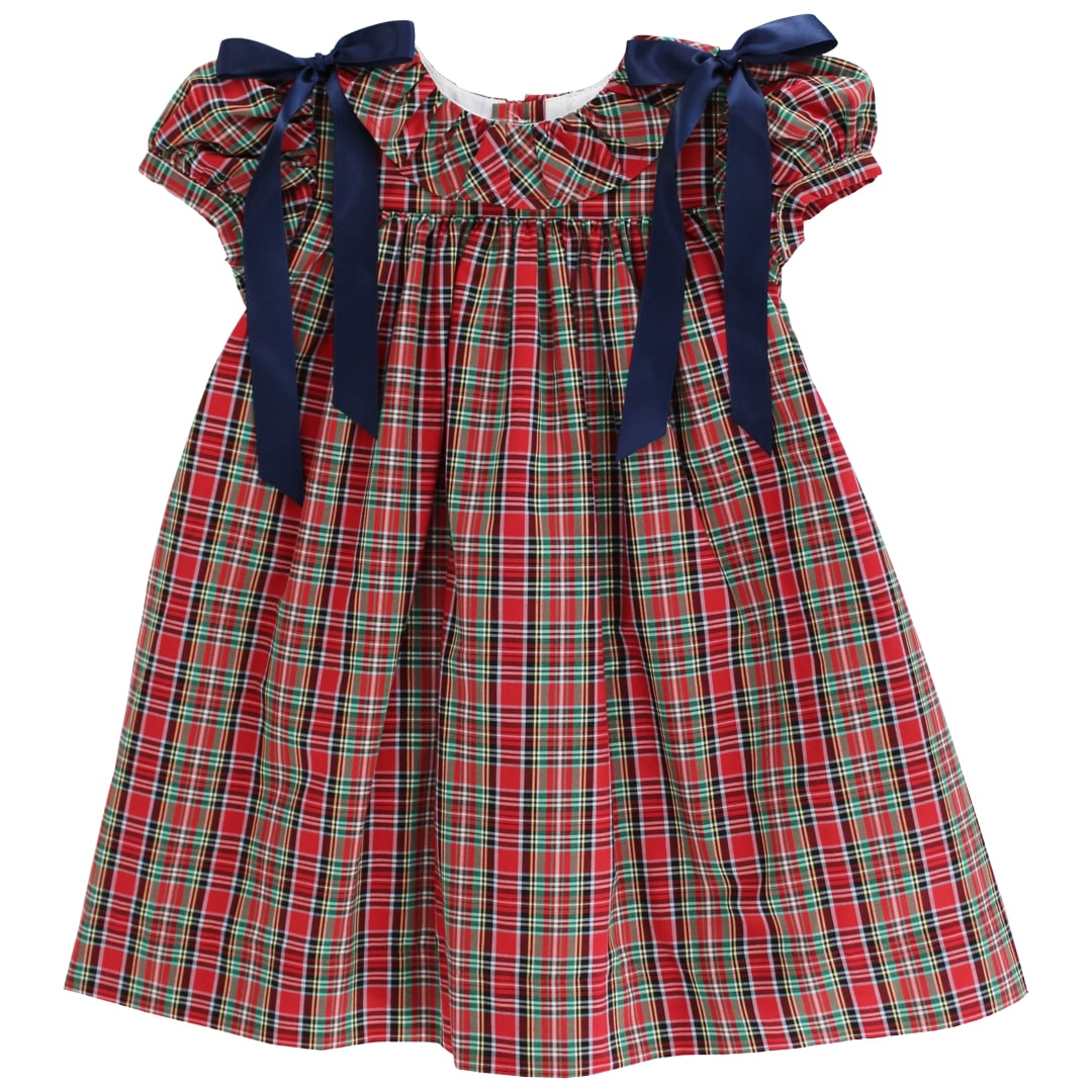 Bailey Boys Girls’ Tartan Plaid Float Dress with Navy Bows, 12M–4T
