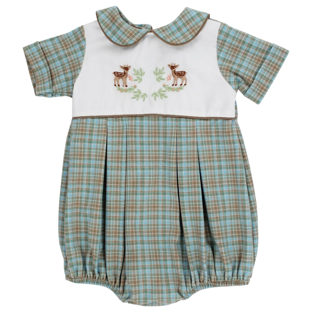 Little Doe Soft Aqua and Taupe Plaid Dressy Bubble Short for baby boys by Bailey Boys