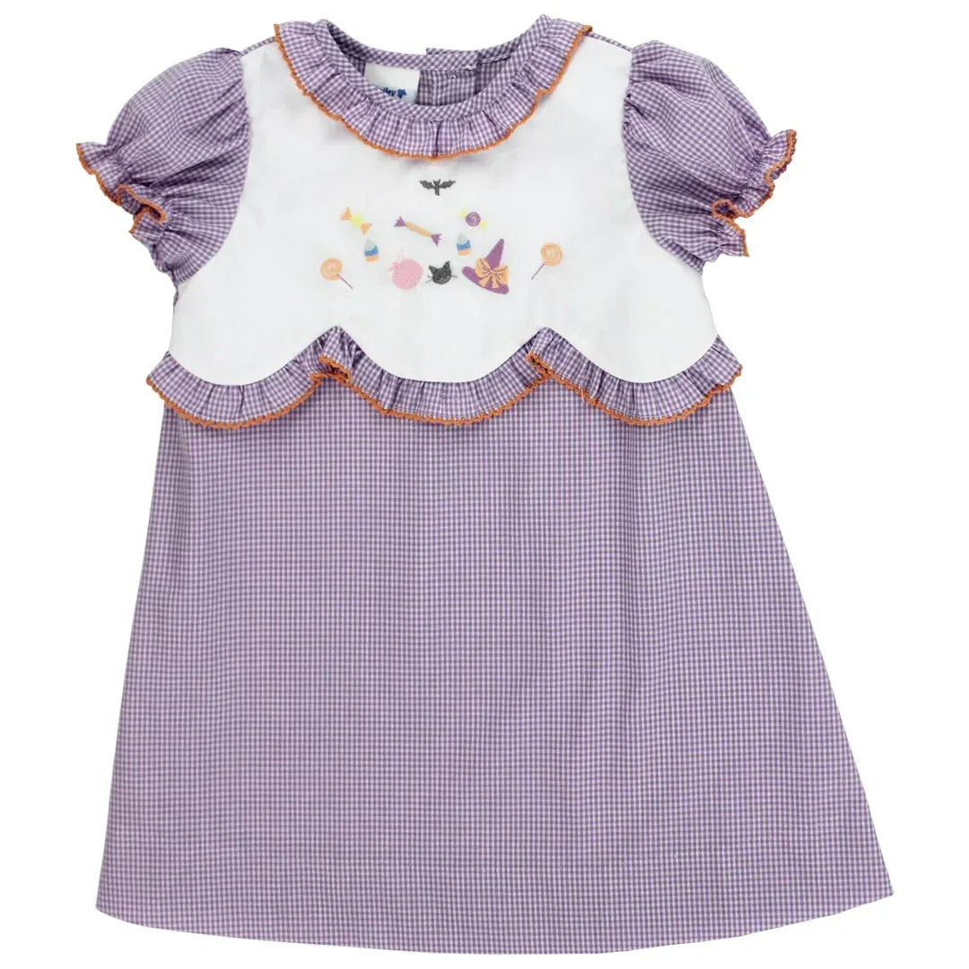 Purple gingham Trick-or-Treat dress for toddler girls