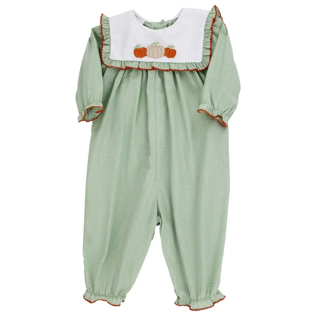 Lime gingham Harvest Pumpkins bubble long for baby girls