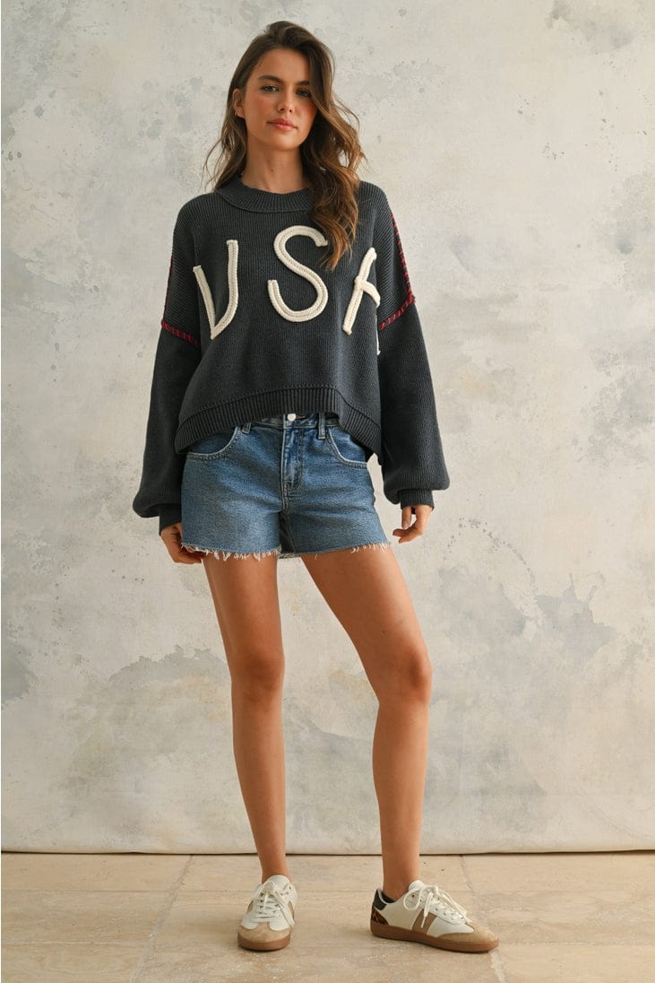 Miou Muse Rope Letter USA Sweater - Little Miss Muffin Children & Home