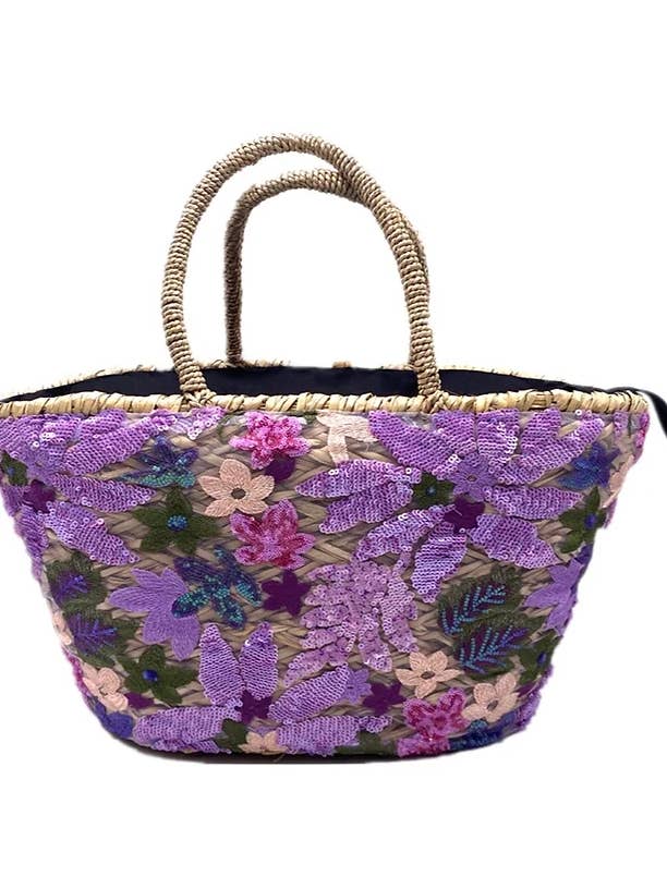 Loowie Loowie Purple Floral Sequin Embroidered Straw Basket Bag - Little Miss Muffin Children & Home
