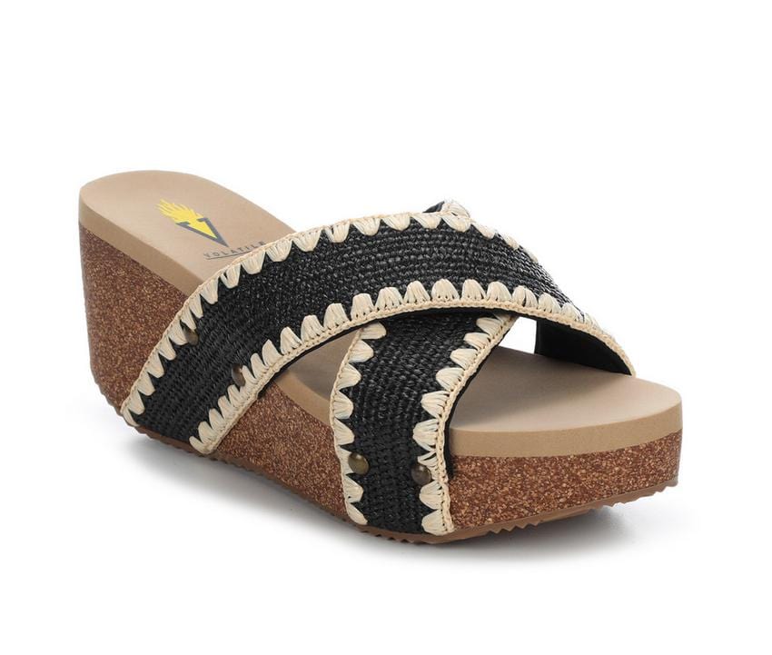 Volatile Antigua Raffia Studded Slide Wedge Sandals in Black