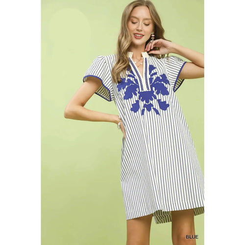 Striped Floral Applique Shift Dress