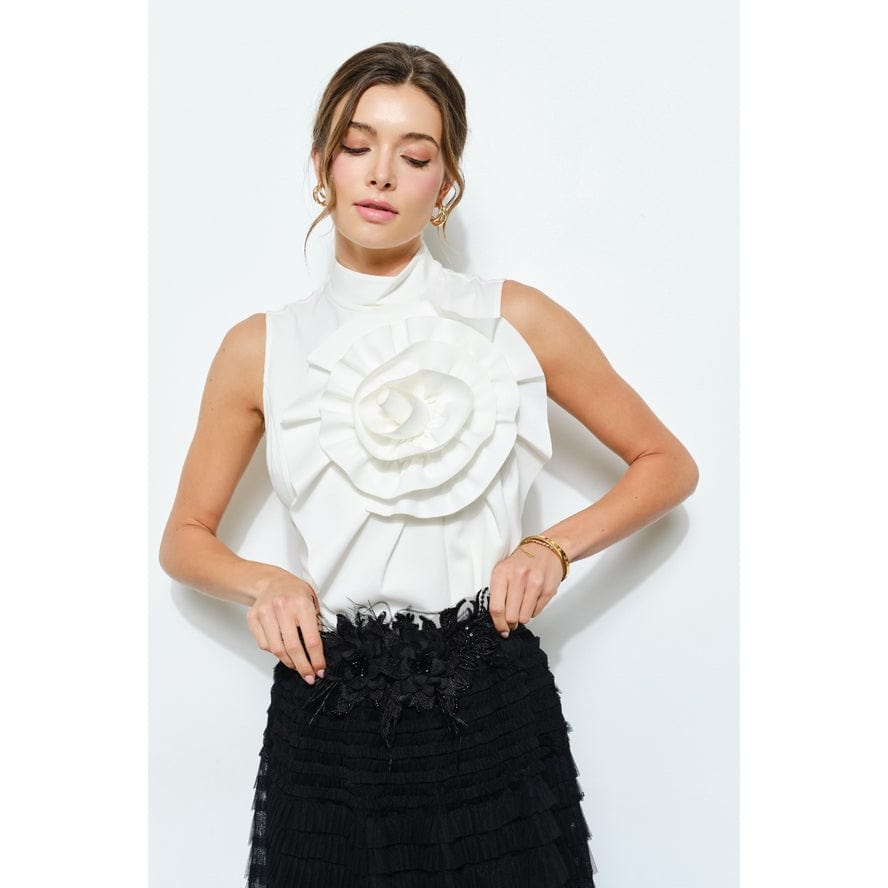 INA Floral Applique Pleated High Neck Top in Ivory - Little Miss Muffin Children & Home