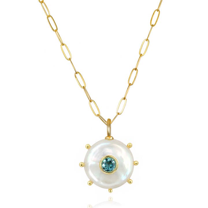 Beaded Pearl & London Blue Topaz Paperclip Necklace