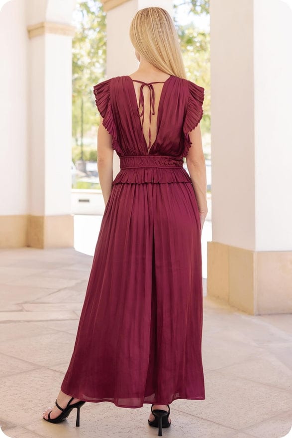 Strut & Bolt Sleeveless Pleated Long Satin Dress in Burgundy