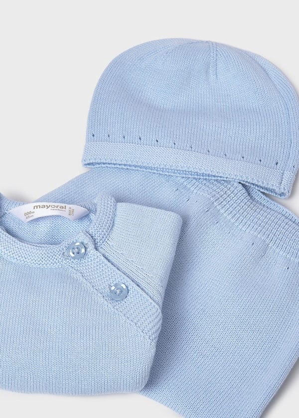 Newborn 3-Piece Knit Gift Set in Sky with hat sweater and pants