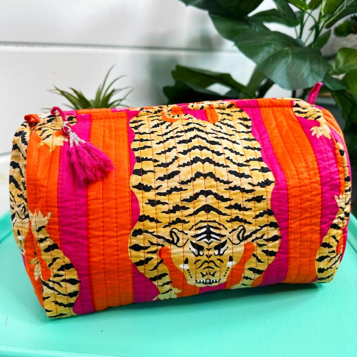 Folklore Couture Orange Pink Tiger Print Quilted Cosmetic Toiletry Bag - Little Miss Muffin Children & Home