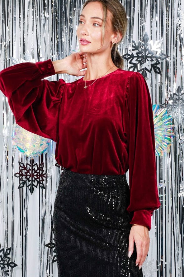 Vine & Love Vine & Love Long Balloon Sleeve Round Neck Velvet Blouse Top in Burgundy - Little Miss Muffin Children & Home