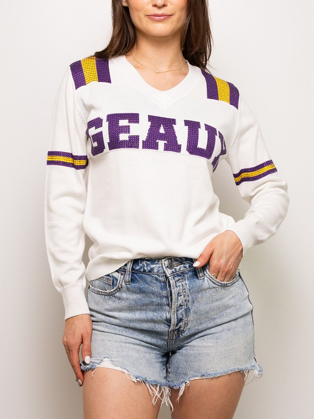Sparkle City Women's White GEAUX Sparkle Jersey Sweater