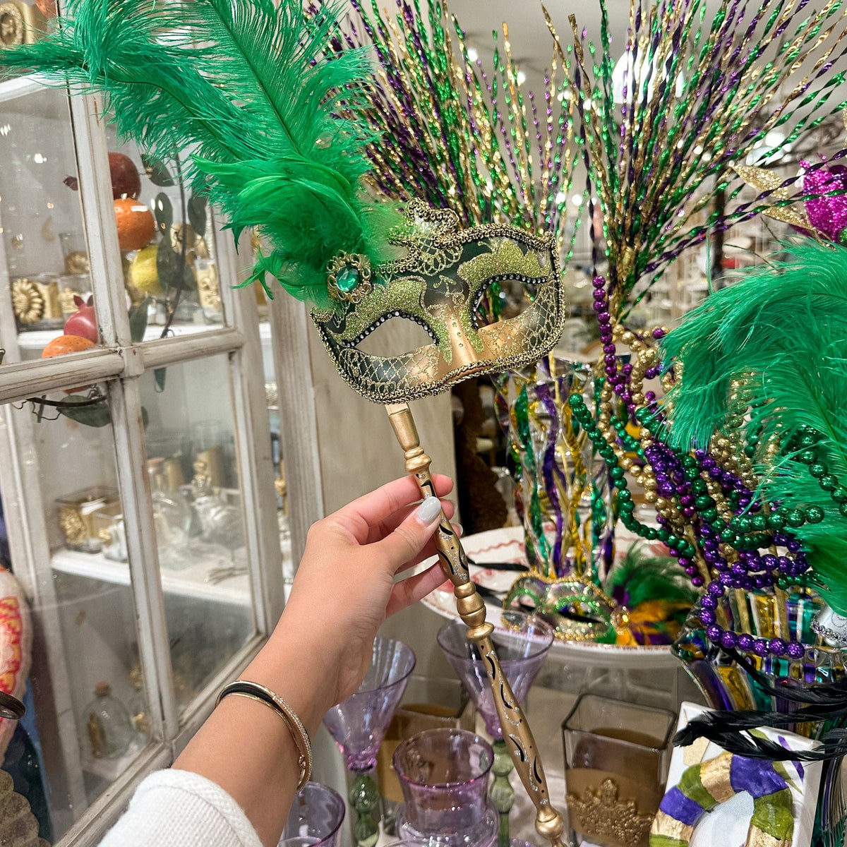 Mardi Gras Creations Green & Gold Anarkali Mask with Feathers & Detachable Stick - Little Miss Muffin Children & Home