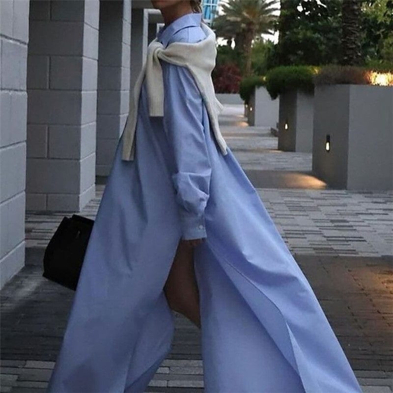 Casual Blue Split Hem Loose Maxi Shirt Dress