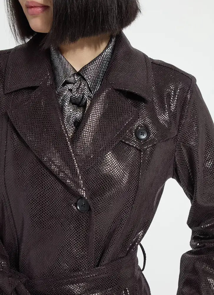 Mavis Foil Vegan Suede Belted Trench Coat in Double Espresso Snake