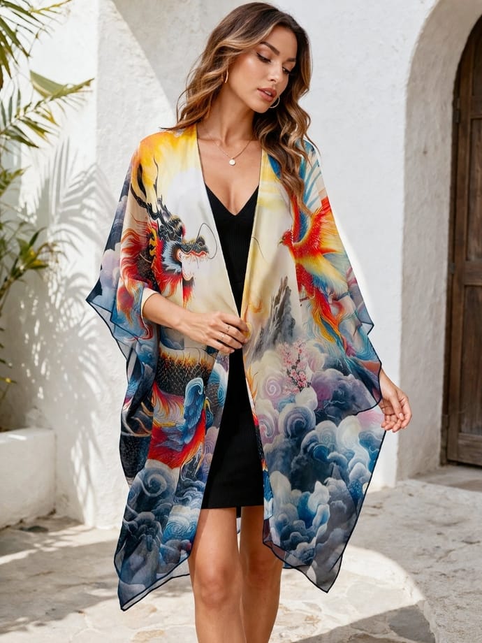 Multicolor Dragon & Phoenix Cloudscape Open-Front Kimono Cover-Up