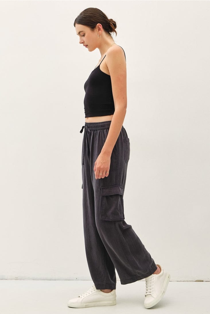 Be Cool Tencel High Rise Drawstring Wide Leg Cargo Pants in Charcoal - Little Miss Muffin Children & Home