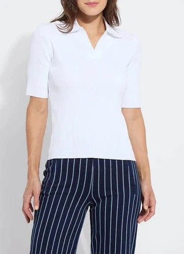 Kenzie Ribbed Knit Polo in White by Lysse