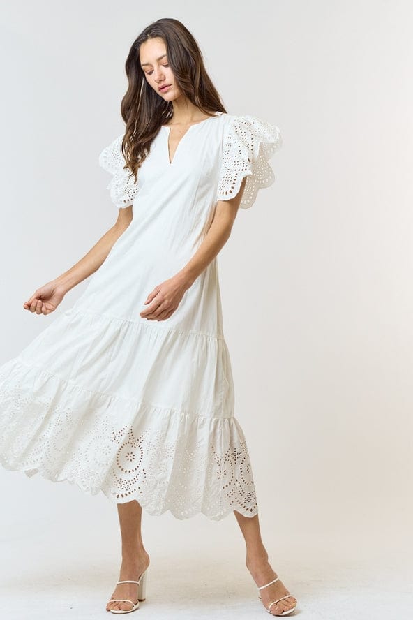 Eyelet Flutter Sleeve Midi Dress White / S