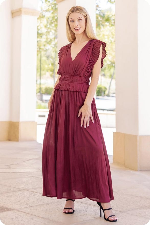 knee length dresses for ladies Strut & Bolt Sleeveless Pleated Long Satin Dress in Burgundy