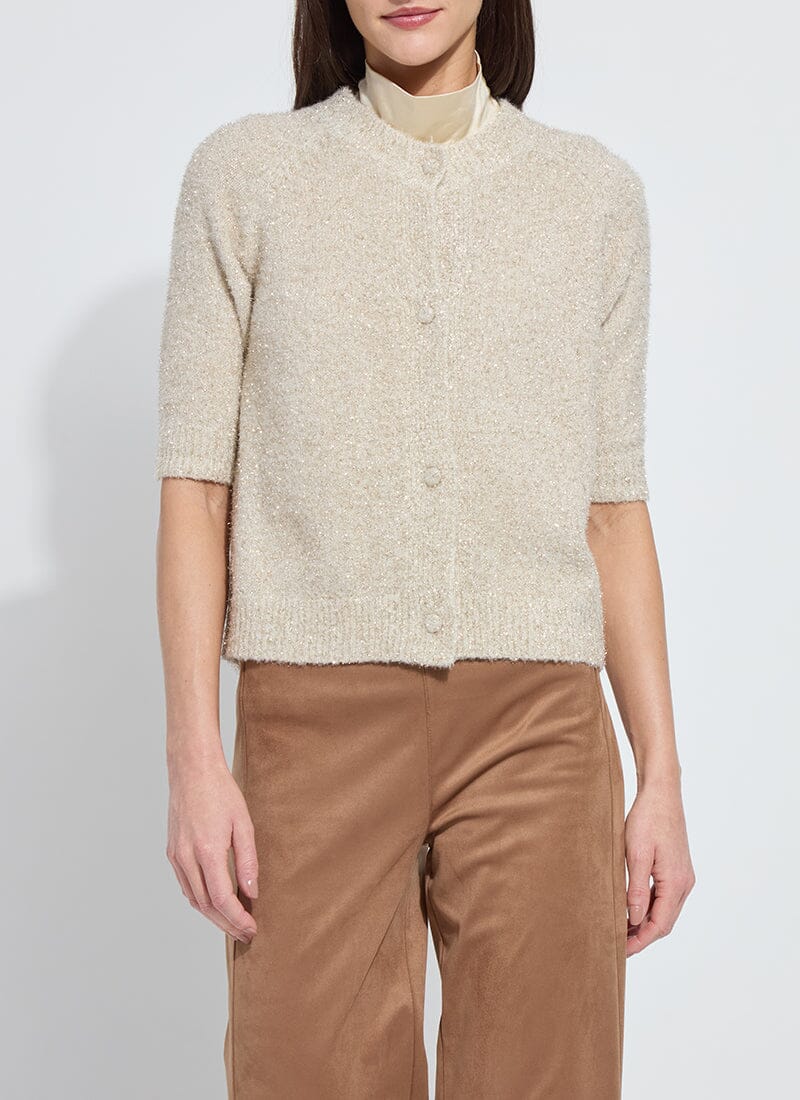 Silky Cream Kennedy Short Sleeve Lurex Feather Cardigan