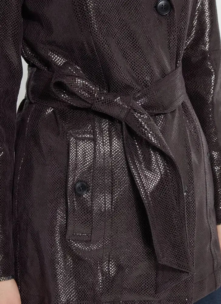 Mavis Foil Vegan Suede Belted Trench Coat in Double Espresso Snake