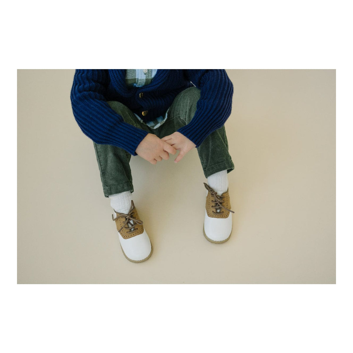 L'Amour Shoes L'Amour Luke Two Tone Leather Saddle Shoe White/Khaki - Little Miss Muffin Children & Home