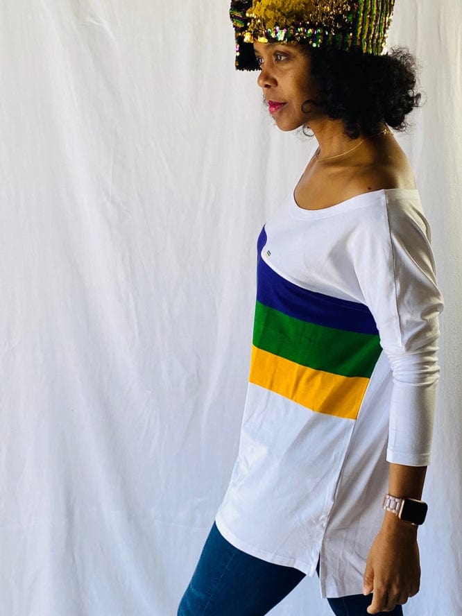 Mardi Gras Creations Mardi Gras Creations Mardi Gras Stripe Off Shoulder Jersey Top in Off White - Little Miss Muffin Children & Home
