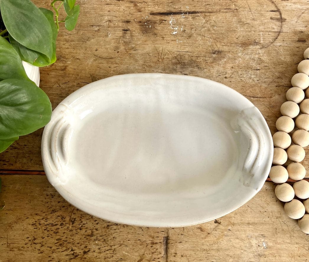 Coastal Clay Co Coastal Clay Co Oval Bowl Summer Appetizer Platter Serving Bowl with Handles, White - Little Miss Muffin Children & Home