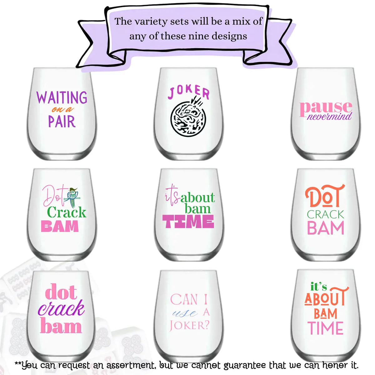 Mahjong Stemless 4ct Variety Mix 4ct Set Unbreakable Wine Glasses