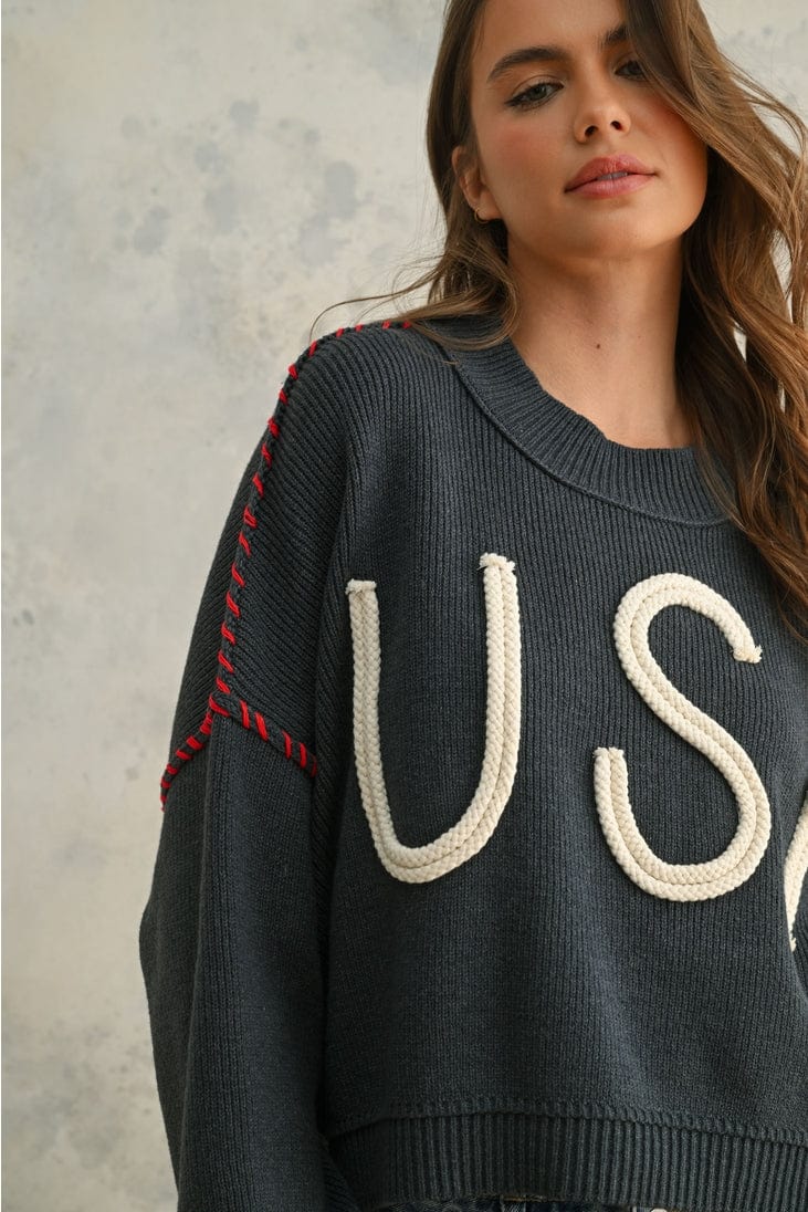 Miou Muse Rope Letter USA Sweater - Little Miss Muffin Children & Home