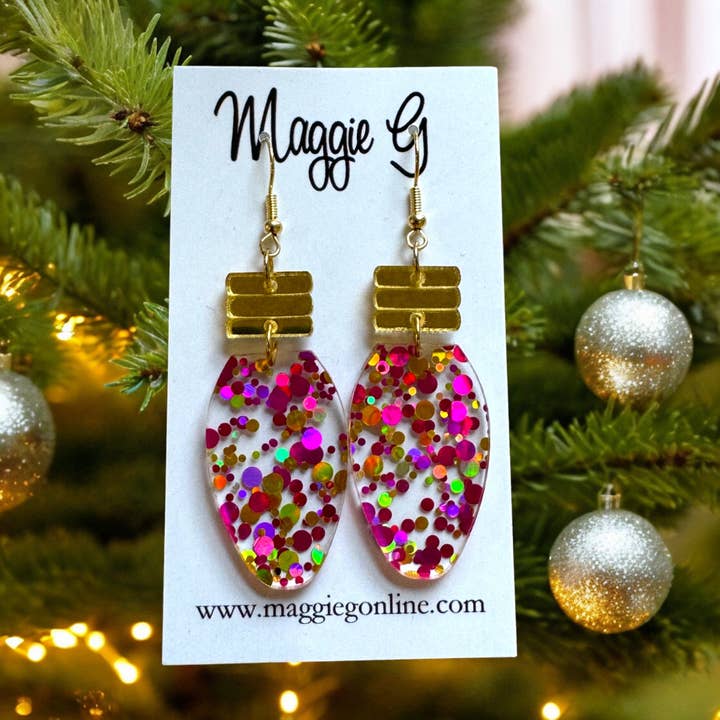 Maggie G Pink and Gold Glitter Christmas Light Bulb Earring - Little Miss Muffin Children & Home