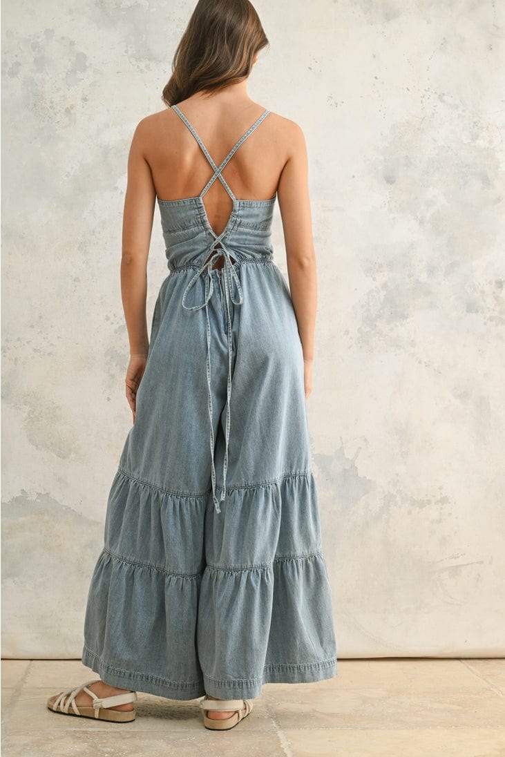 Tiered Bottom Detail Chambray Denim Jumpsuit