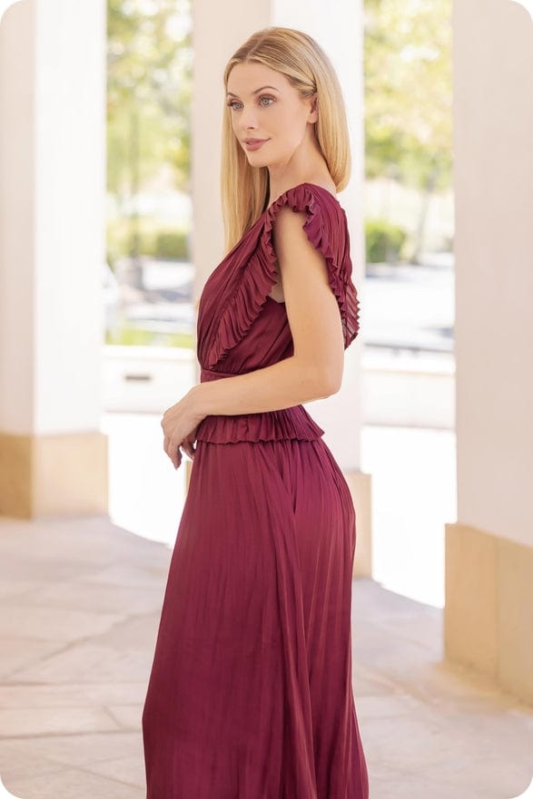 Strut & Bolt Sleeveless Pleated Long Satin Dress in Burgundy Strut & Bolt Sleeveless Pleated Long Satin Dress in Burgundy