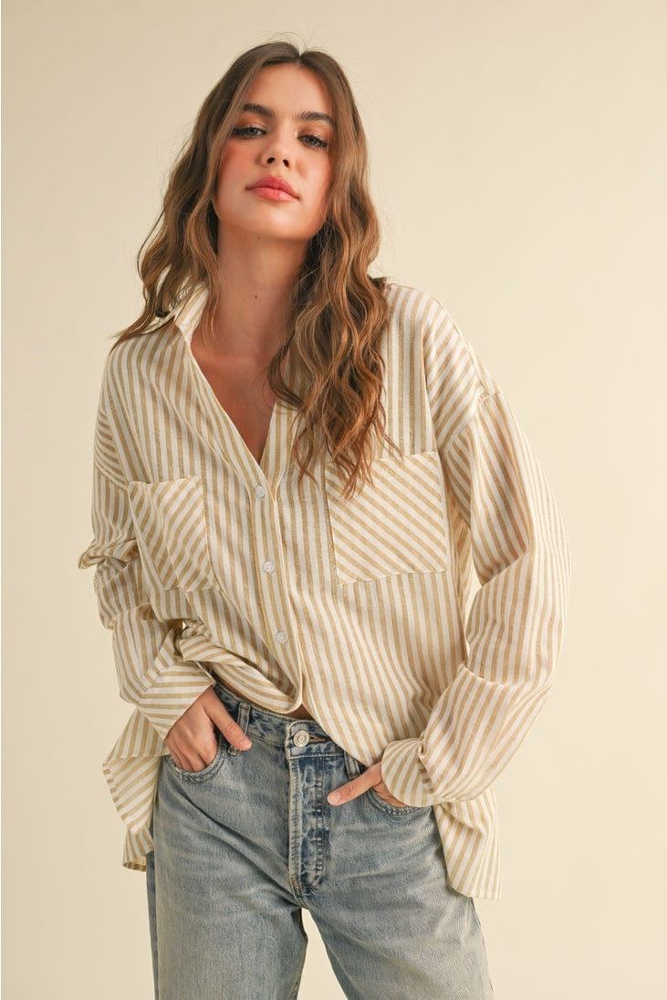 Miou Muse Striped Button Down Boyfriend Shirt in Mustard - Little Miss Muffin Children & Home