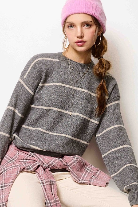 La Miel La Miel Loose Fit Striped Long Sleeve Sweater in Pebble - Little Miss Muffin Children & Home