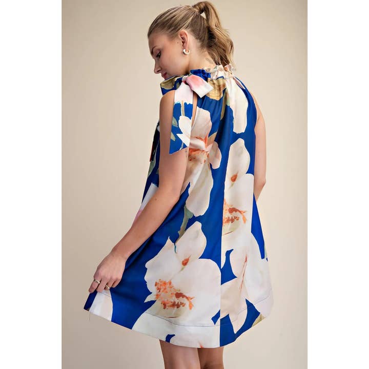 Floral Print Ruffle Tie Neck Sleeveless Mini Dress