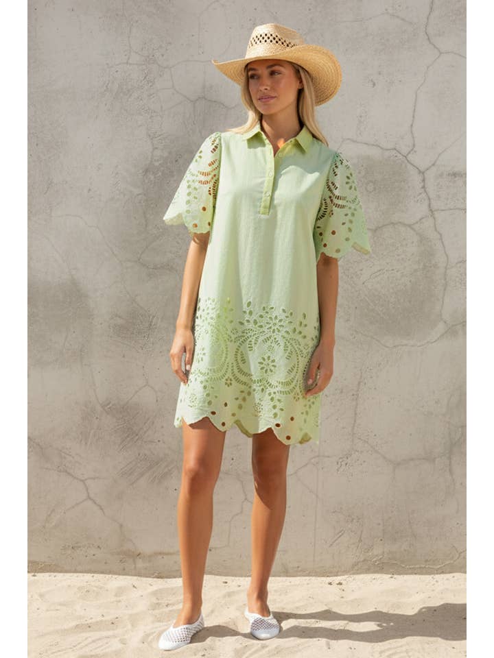 Scallop Hem Eyelet Embroidered Mini Dress in Irish Mint