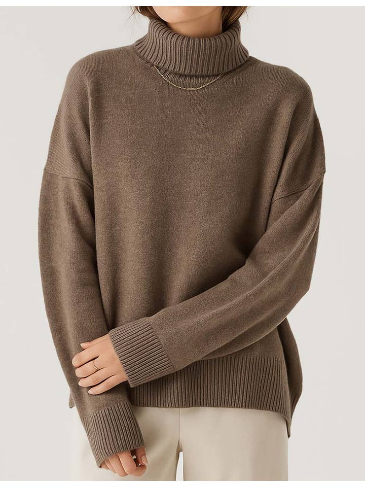 Brown Oversized Turtleneck Knit Sweater